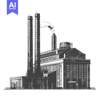 An illustration of a factory building with smokestacks and smoke