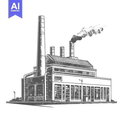 A detailed illustration shows a factory emitting smoke into the air