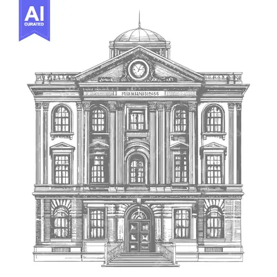 Aset premium populer: A detailed grayscale drawing of a classic architectural building