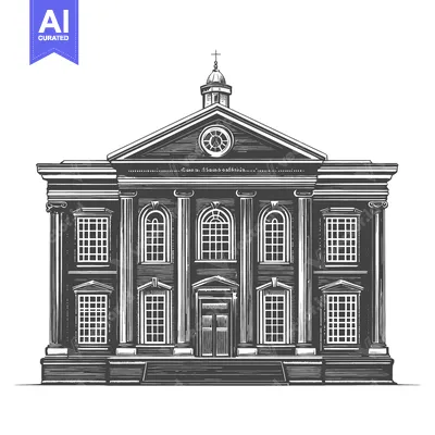Detailed black and white illustration of a large building facade