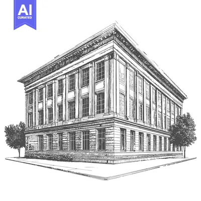 A detailed monochrome drawing illustrates a classical architecture bui