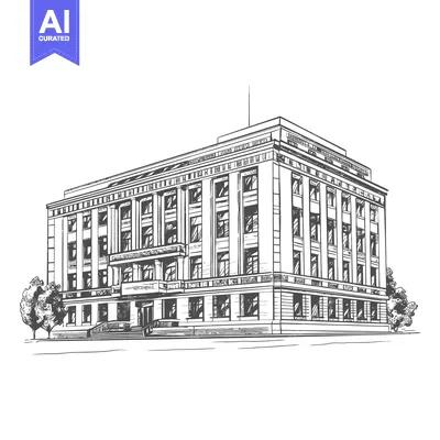 A detailed black and white illustration of a large government building