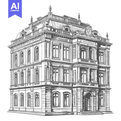 A detailed grayscale line art drawing depicting a stately building