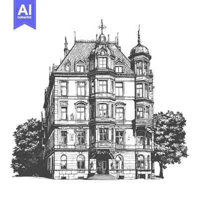 Premium design asset: A detailed black and white architectural drawing of a grand building