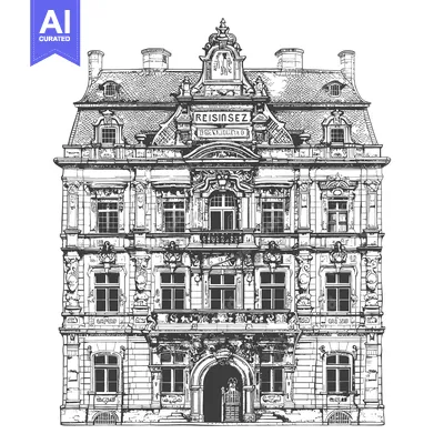 Aset premium populer: Detailed monochrome architectural facade of a large building is depict