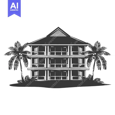 Aset premium populer: A three story building flanked by two palm trees on the landscape