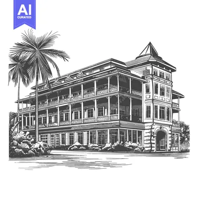 A Large Building With Palm Trees Is Displayed In Ink Drawing
