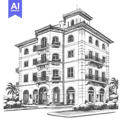 Aset premium populer: A detailed sketch of a multi story building with balconies