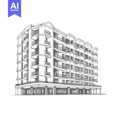 Premium design asset: Detailed hand drawn architectural building illustration with many balc