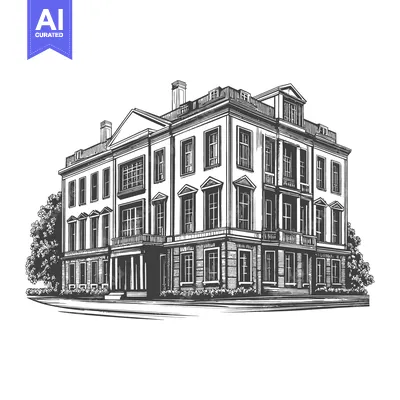 Premium design asset: Detailed black and white architectural illustration of a large stately
