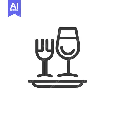 Elegant Line Art: Wine Glass and Fork on Plate Icon