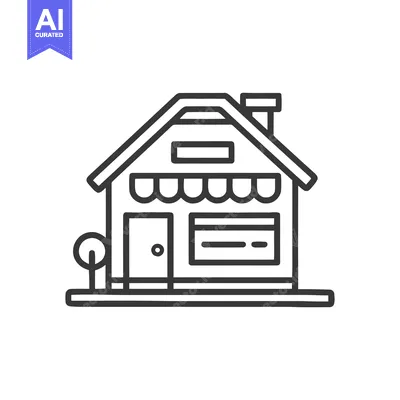 Aset desain premium: Minimalist Storefront Icon with Awning and Chimney in Black Outline