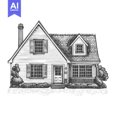 Premium design asset: A detailed monochrome drawing of a charming residential house facade