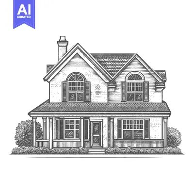 Illustration depicting a detailed residential house with multiple feat