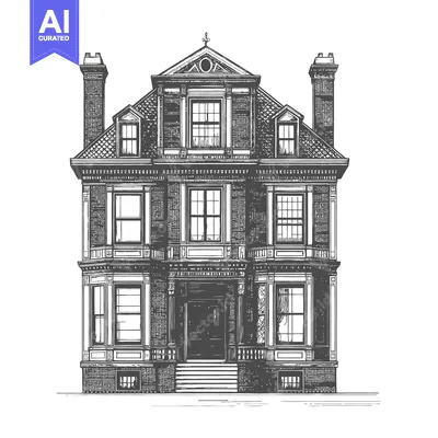 Aset premium populer: An elegant hand drawn illustration of a large brick building
