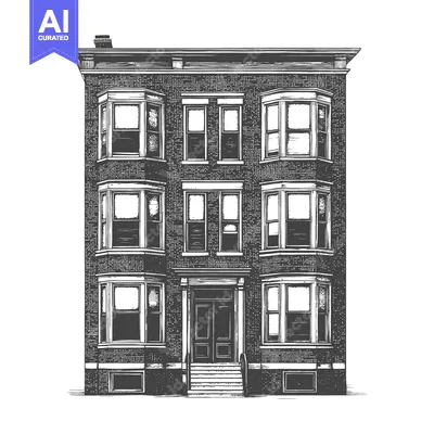 Premium design asset: Black and white illustration of a classic brick apartment building