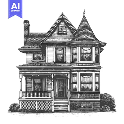 Detailed illustration of a beautiful Victorian house with many feature
