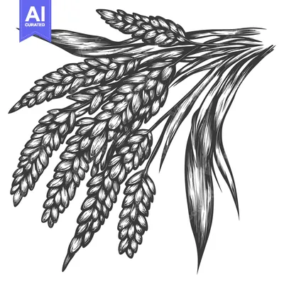 Aset premium populer: Detailed illustration depicts several stalks of cultivated golden grai