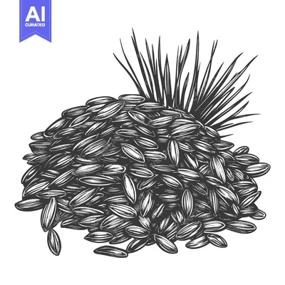 Aset desain premium: A Detailed Monochrome Illustration Depicting Grain Seeds and Grass