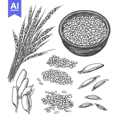 Aset desain premium: Detailed monochrome drawing illustrating different stages of harvested