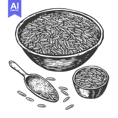 Aset premium populer: Illustrated view of rice in wooden bowls and a scoop