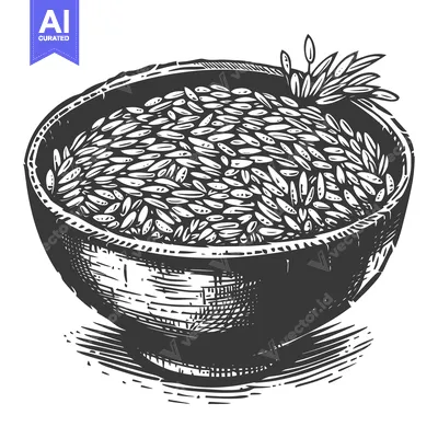 A wooden bowl filled with grain and some plant sprigs