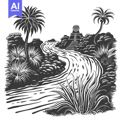 River Flowing Through a Tropical Jungle with an Ancient Structure
