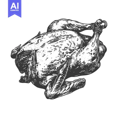 Roasted poultry presented in a classic black and white illustration