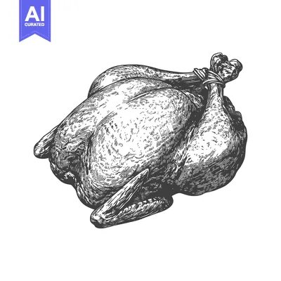 Aset premium populer: A detailed black and white illustration of a whole roasted chicken