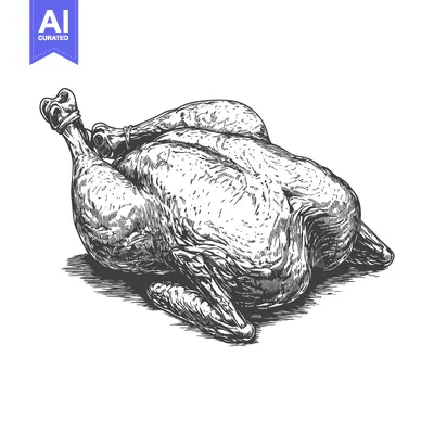 A whole roasted chicken shown in a detailed monochrome illustration