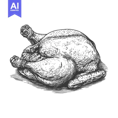 A detailed black and white illustration of a roasted chicken