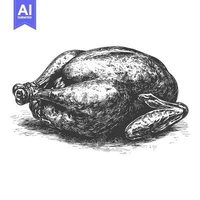 A detailed black and white illustration of a roasted chicken