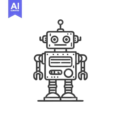 Retro Robot Illustration: Simple Line Art on White Background