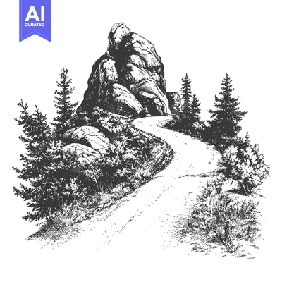 Aset desain premium: A winding road leads towards a large rocky mountain landscape