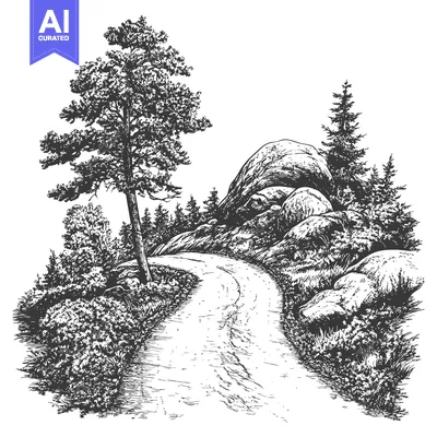 The winding rural road passes beside large rocks and trees