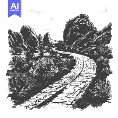 Popular premium asset: Winding road passes large rocky formations through arid desert landsca