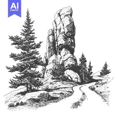 Premium design asset: A detailed black and white drawing of a mountain landscape scene
