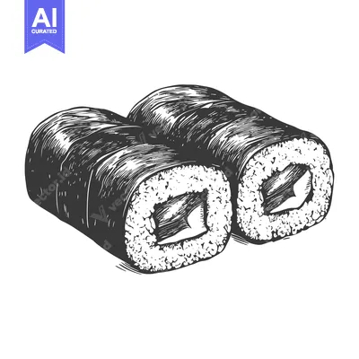 Aset premium populer: Two sushi rolls are shown in a graphic black and white drawing