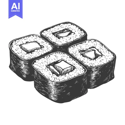 Aset desain premium: Hand drawn illustration depicting four pieces of sushi arranged togeth
