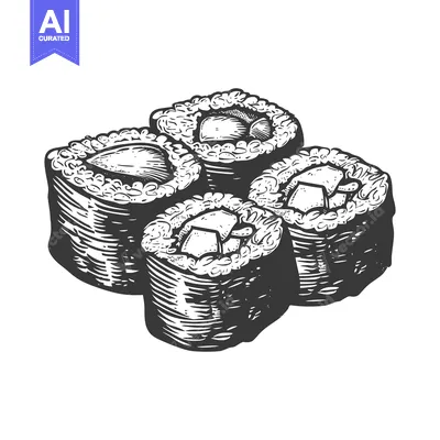 Four pieces of sushi in an artistic black and white style