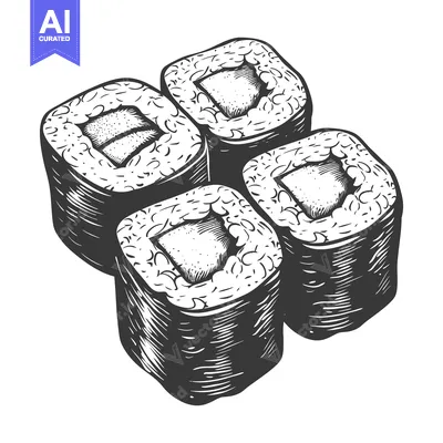 Aset desain premium: A detailed artistic depiction of four pieces of sushi rolls