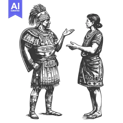 Roman Soldier and Woman in Traditional Clothing Talking