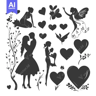 Aset desain premium: Romantic Couple, Fairy, and Hearts Silhouettes