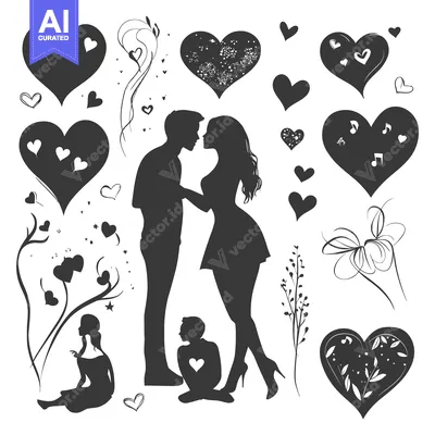 Aset premium populer: Romantic Couple Silhouette Surrounded by Hearts and Floral Designs
