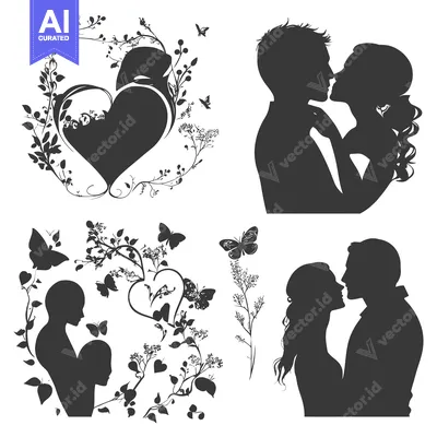 Aset desain premium: Romantic Couple Silhouettes with Floral Accents and Butterflies