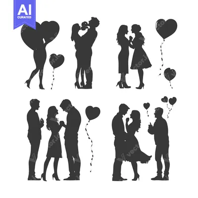 Romantic Couple Silhouettes with Heart-Shaped Balloons