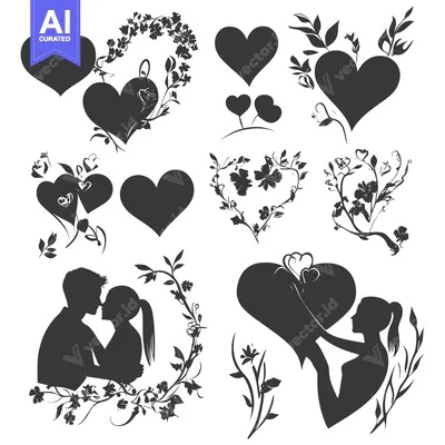 Premium design asset: Romantic Heart Designs with Floral Elements and a Couple Silhouette