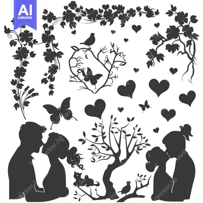 Aset premium populer: Romantic Silhouette Couple with Floral and Heart Motifs