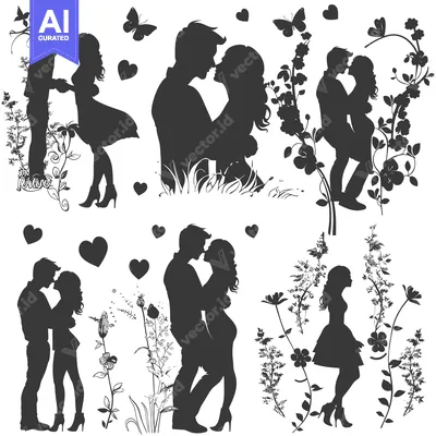Popular premium asset: Romantic Silhouettes of Couples Embracing Amidst Floral Designs