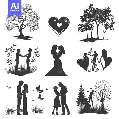 Aset desain premium: Romantic Silhouettes of Couples in Nature with Hearts and Butterflies